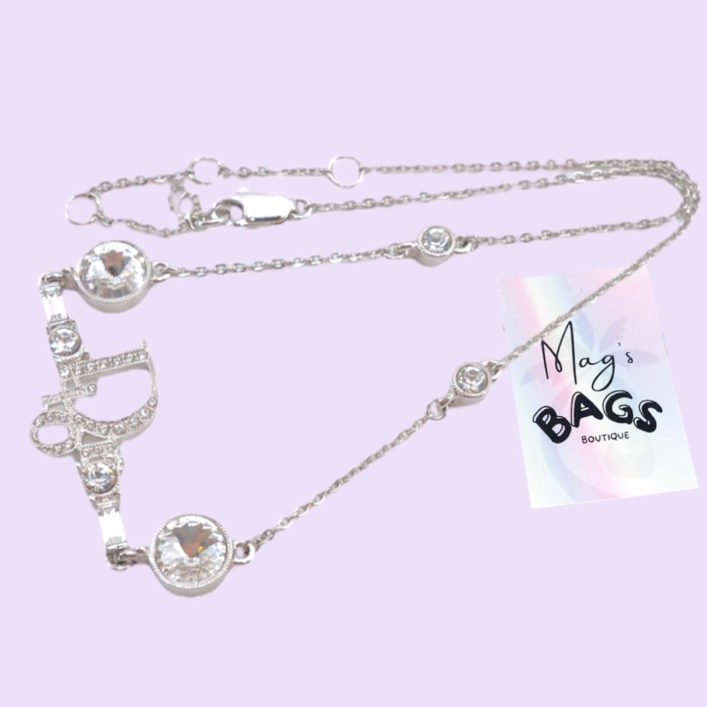 Dior: Crystal Logo Bar Rhinestone Silver Necklace - Picture 4 of 16